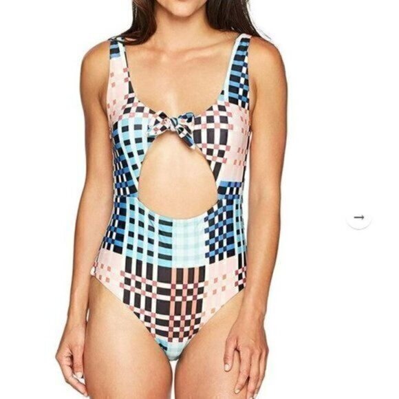 MINKPINK Penelope One Piece Swimsuit Small Tie Front Cutout Check NWT Swim - Picture 1 of 7